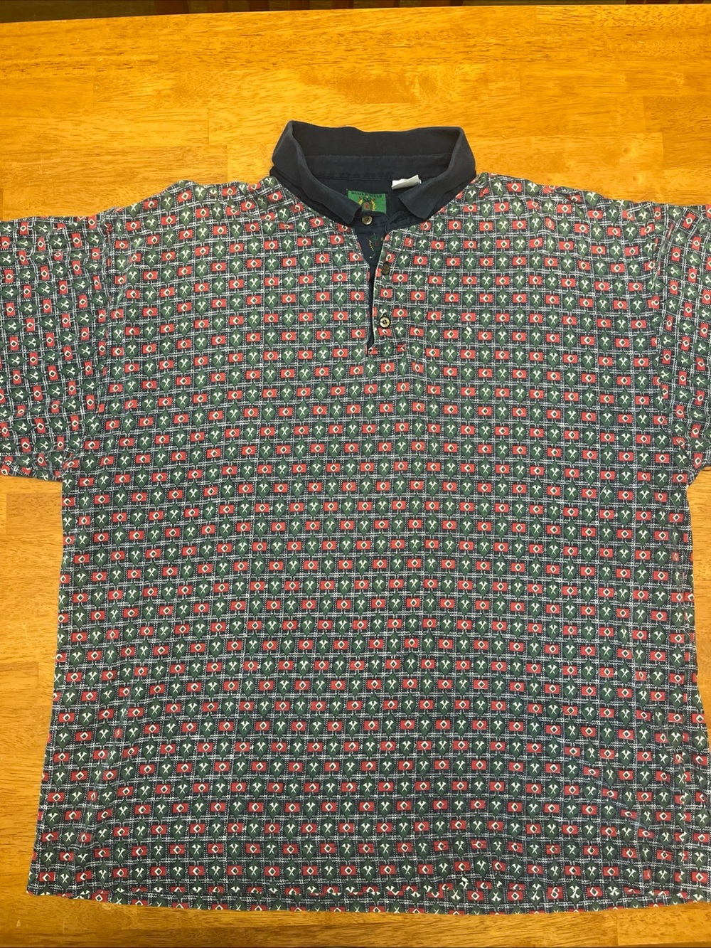 Vintage Bugle Boy Black Polo with Red and Green Micro-Print